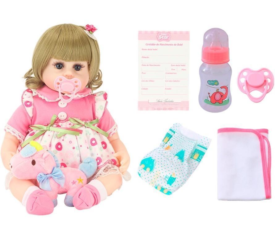 Miniatura Boneca Bebê Reborn Loira Vestido De Bolinhas E Acessórios