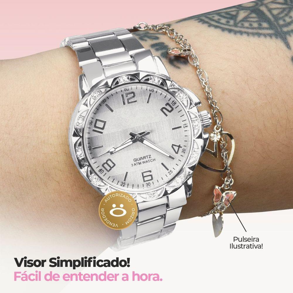 Miniatura Relogio Feminino Prova Dagua Banhado + Relogio Aço Strass Qualidade Premium Redondo Resistente Kit