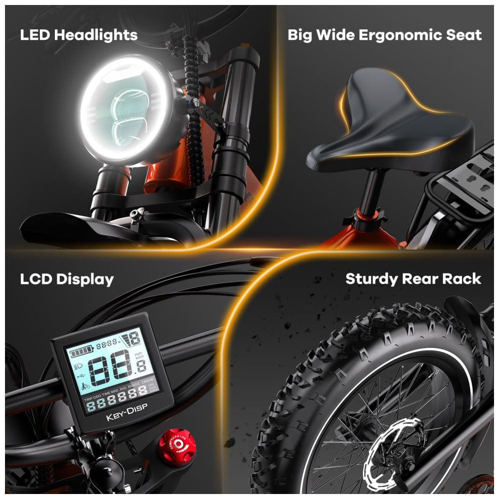 Bicicleta Elétrica Dobrável Cybervelo 1000W de Pico 2000W para Adultos, 35MPH 160KM, Bateria Removível 48V 25Ah, Pneu Gordo 20" x 4.0, E-Bike de Monta