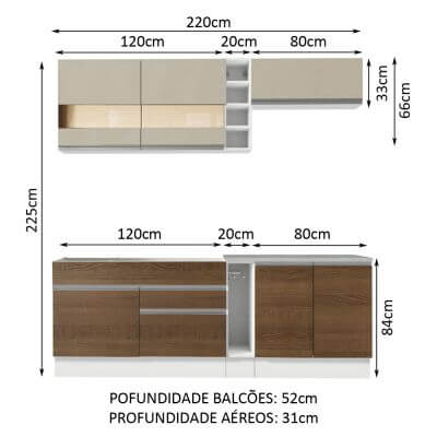 Cozinha Completa Madesa Parma com Armário e Balcão (Sem tampo e Pia) Branco/Rustic/Crema Cor:Branco/Rustic/Crema