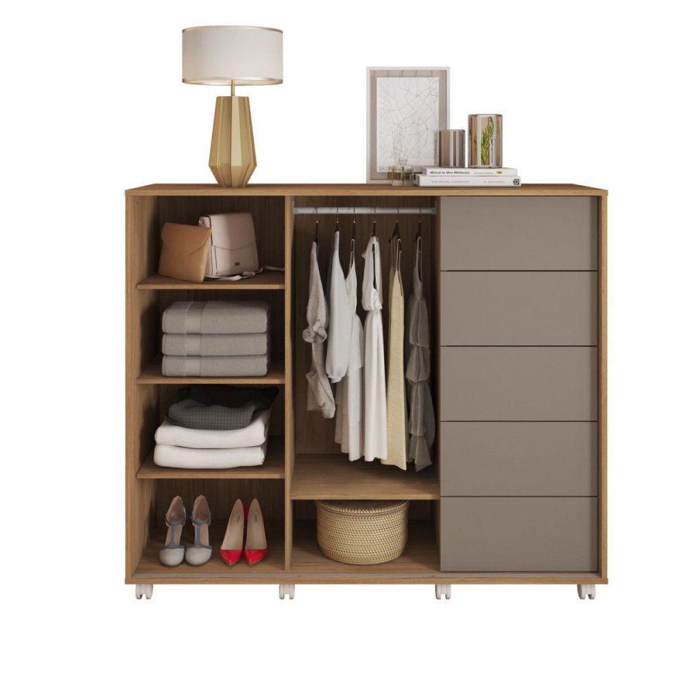 Cômoda Com 5 Gavetas 2 Portas Pegasus Com Rodízios Caemmun Buriti Ripado/ Fendi