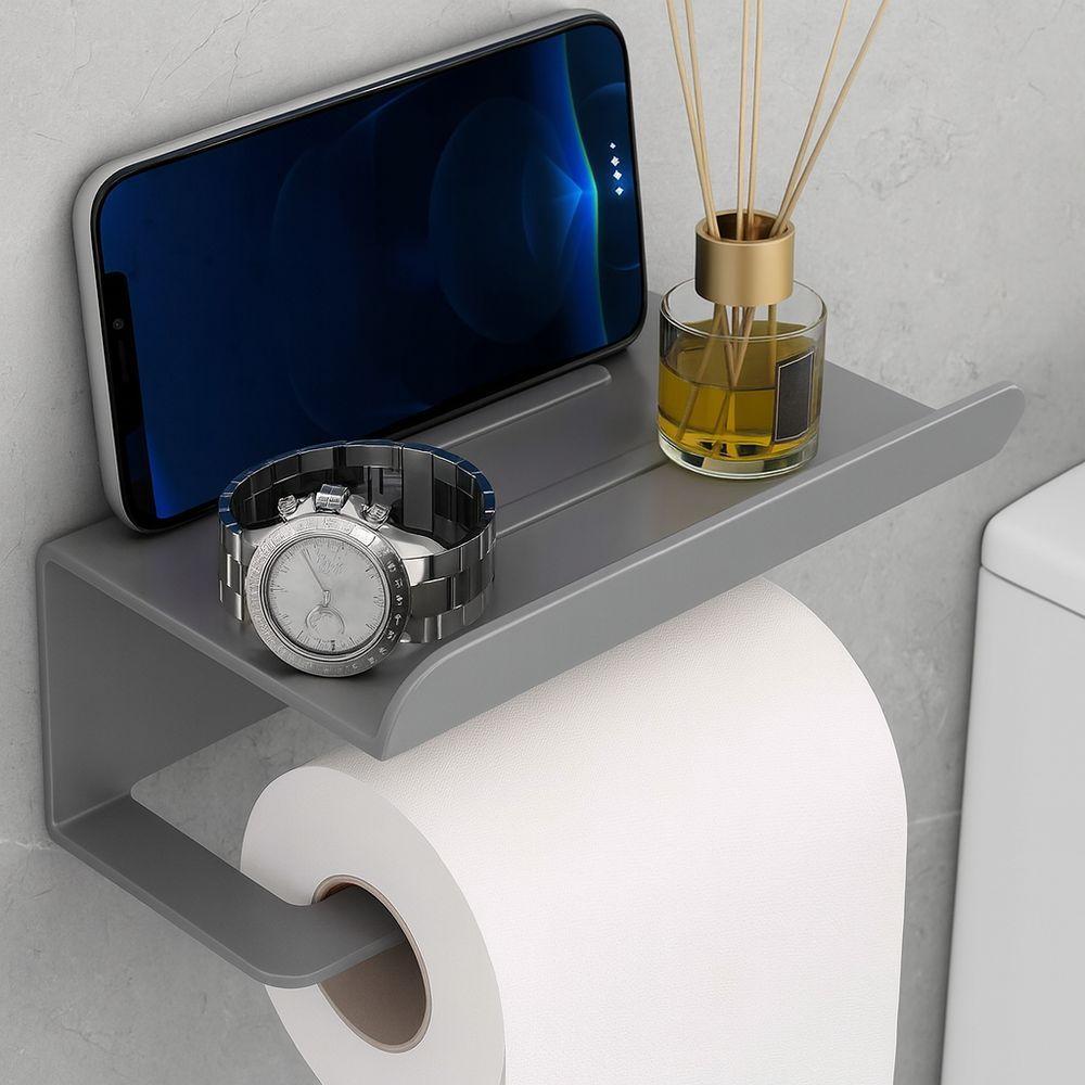 Miniatura Suporte De Papel Higiênico Premium Em Aço Inoxidável Fosco Com Prateleira Superior Para Banheiro Moderno - Preto