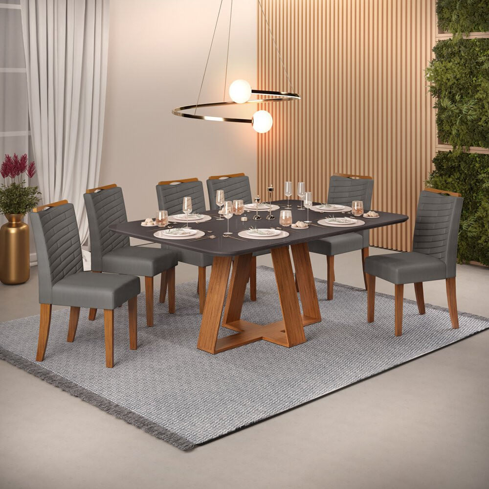 Miniatura Conjunto Mesa Retangular Celeste com 6 Cadeiras Júlia DJ Móveis Freijo/Cinza