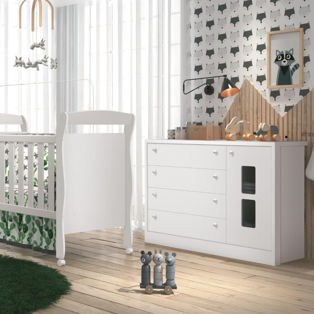 Cômoda Sapateira Joãozinho 1 Porta 4 Gavetas Móveis Reller Branco Fosco