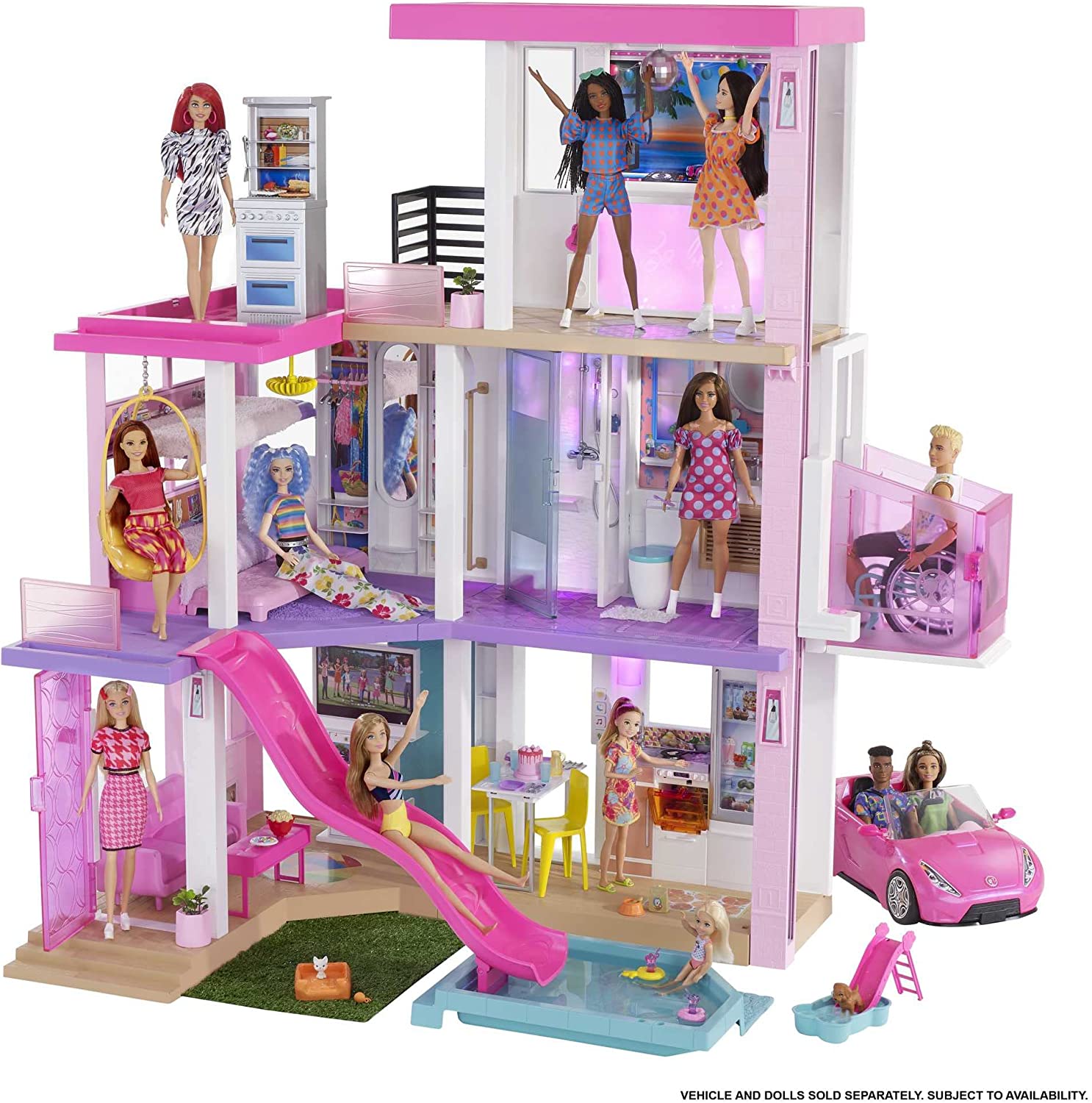 Miniatura Barbie Casa de Bonecas com 75 Acessórios 3 Andares Piscina e Escorregador para Crianças a partir de 3 anos