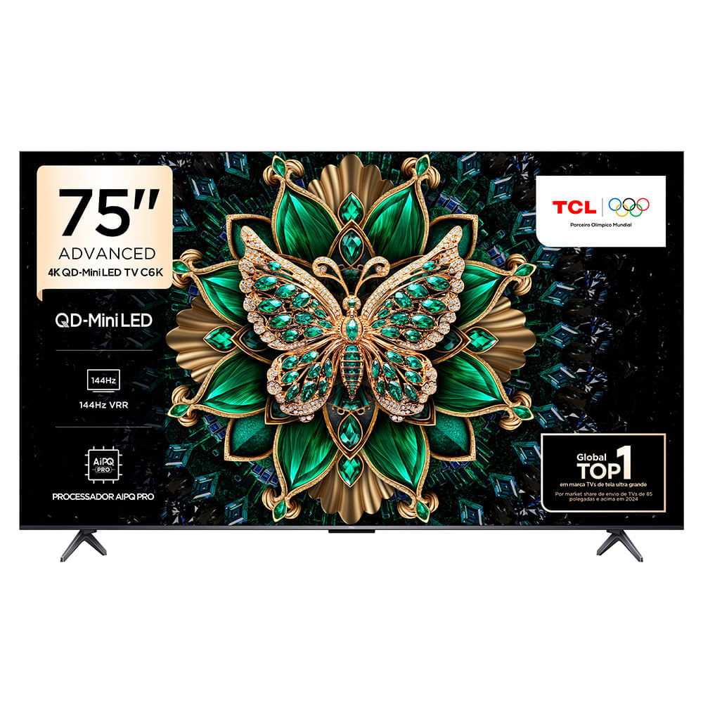 Miniatura Smart TV 4K TCL QD-Mini LED 75” Polegadas com HDMI 2.1, Dolby Vision IQ, Subwoofer, 144Hz VRR e Wi-Fi - 75C6K Bivolt