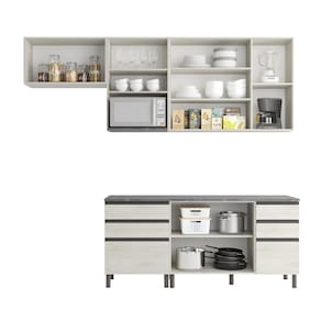 Miniatura Cozinha Bartira Cristal com 7 Portas, 6 Gavetas, 4 Prateleiras e Nicho para Micro-ondas - 260cm de Largura Freixo