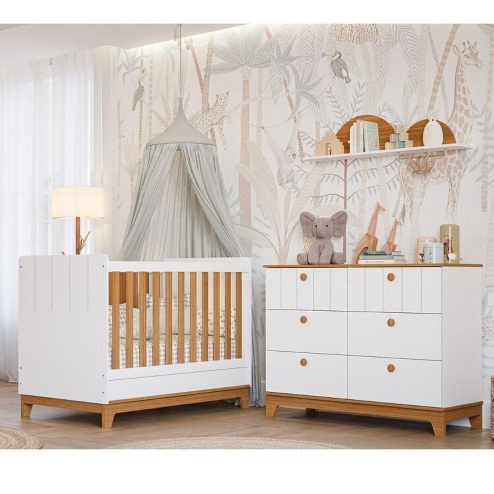 Miniatura Conjunto Quarto de Bebê 1 Berço 1 Cômoda 6 Gavetas Chantilly Branco/Nature