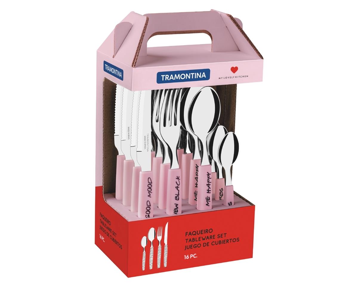 Miniatura Faqueiro Tramontina My Lovely Kitchen em Aço Inox 16 Peças Rosa