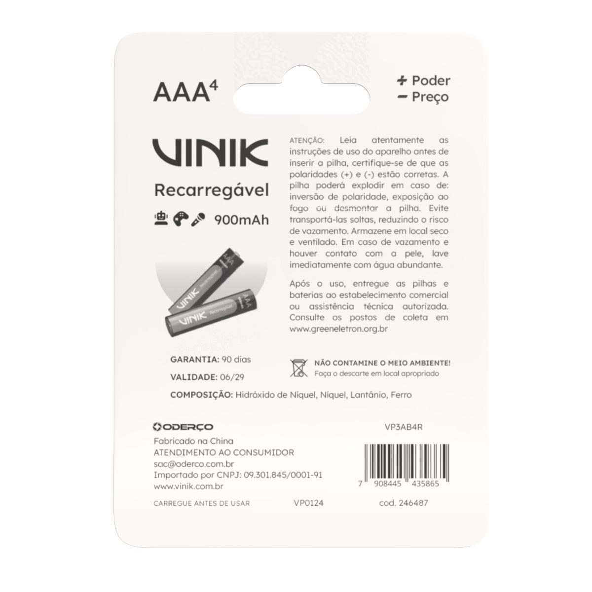 Pilha Recarregável Aaa C/4 - 900Mah 1.2V - Vp3Ab4R