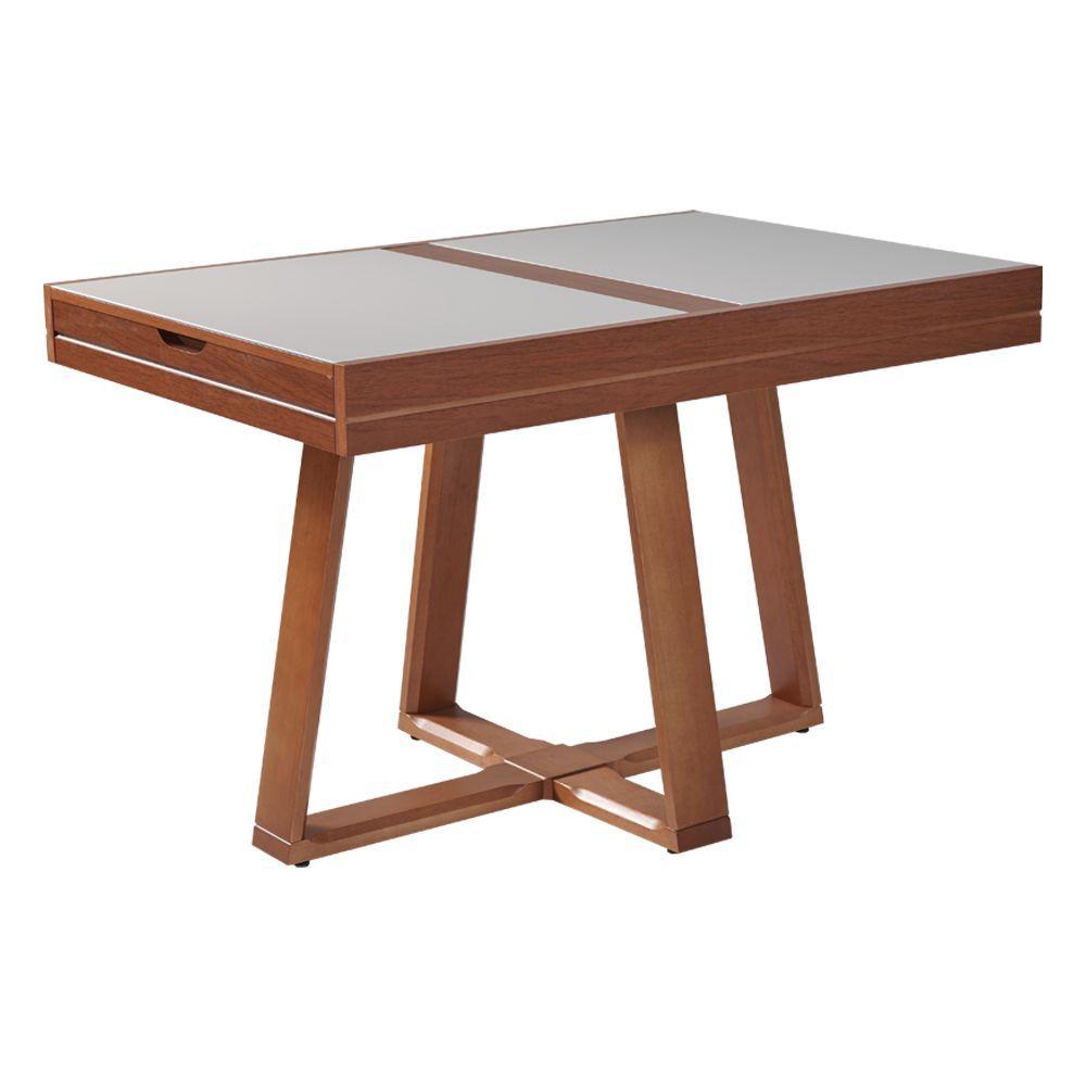 Miniatura Mesa De Jantar Caroline 1,20m Extensível 1,80m Em Madeira Maciça Imbuia Tampo Vidro Off White
