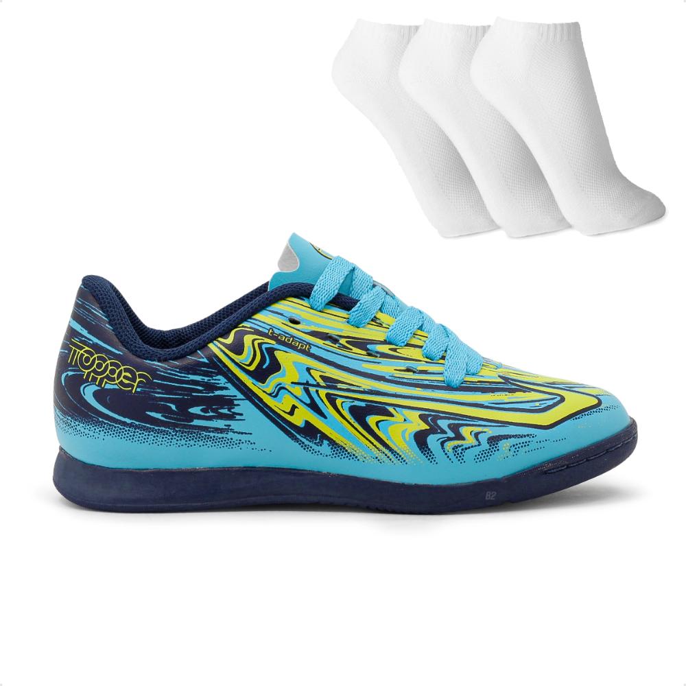 Miniatura Chuteira Futsal Topper Strike 5 Juvenil + 3 Pares de Meias Azul / Verde - 28