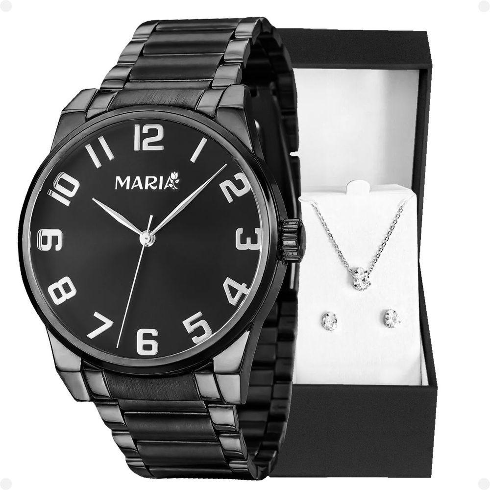 Miniatura Relogio Feminino Preto Aço Inox + Caixa + Brincos + Colar Original Presente Qualidade Premium Social