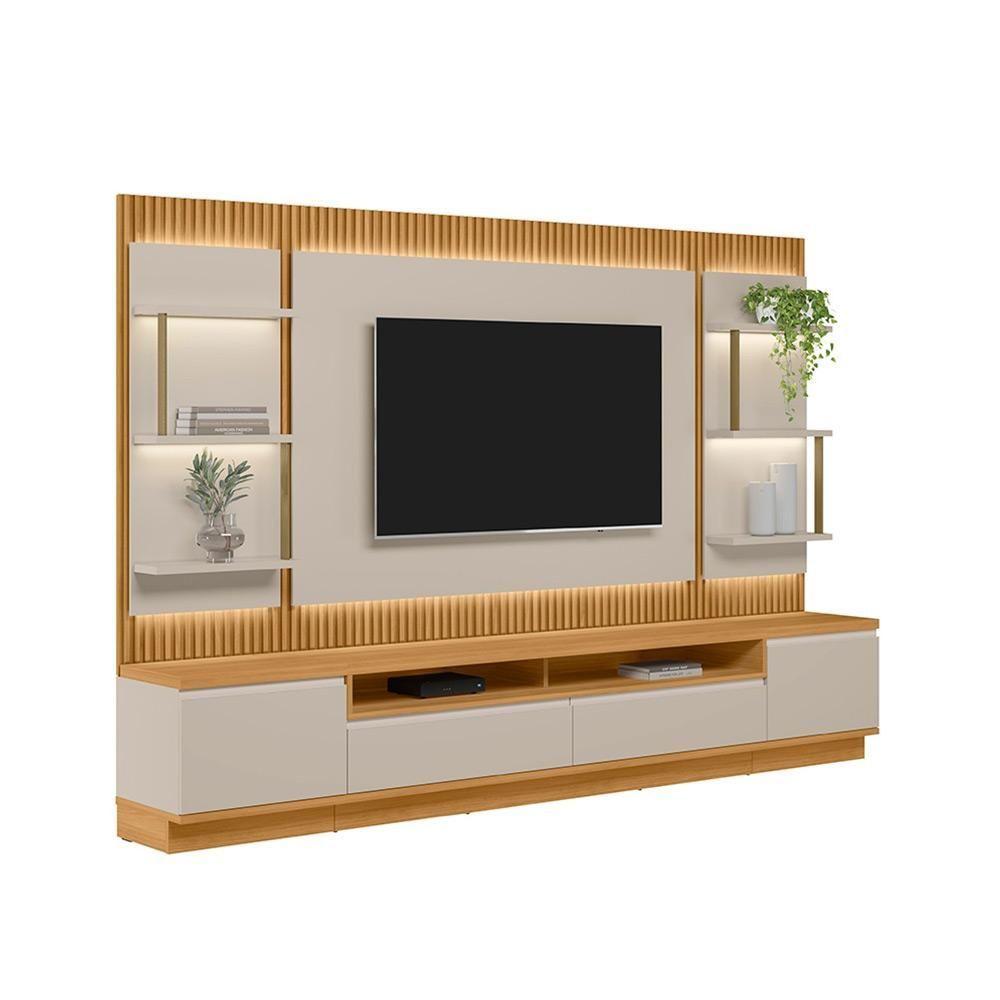 Miniatura Painel E Bancada Rack Sala De Estar 297cm Madalena Modulado Led Ripado Tv Até 70 Tauari/off White G77 - Gran Belo