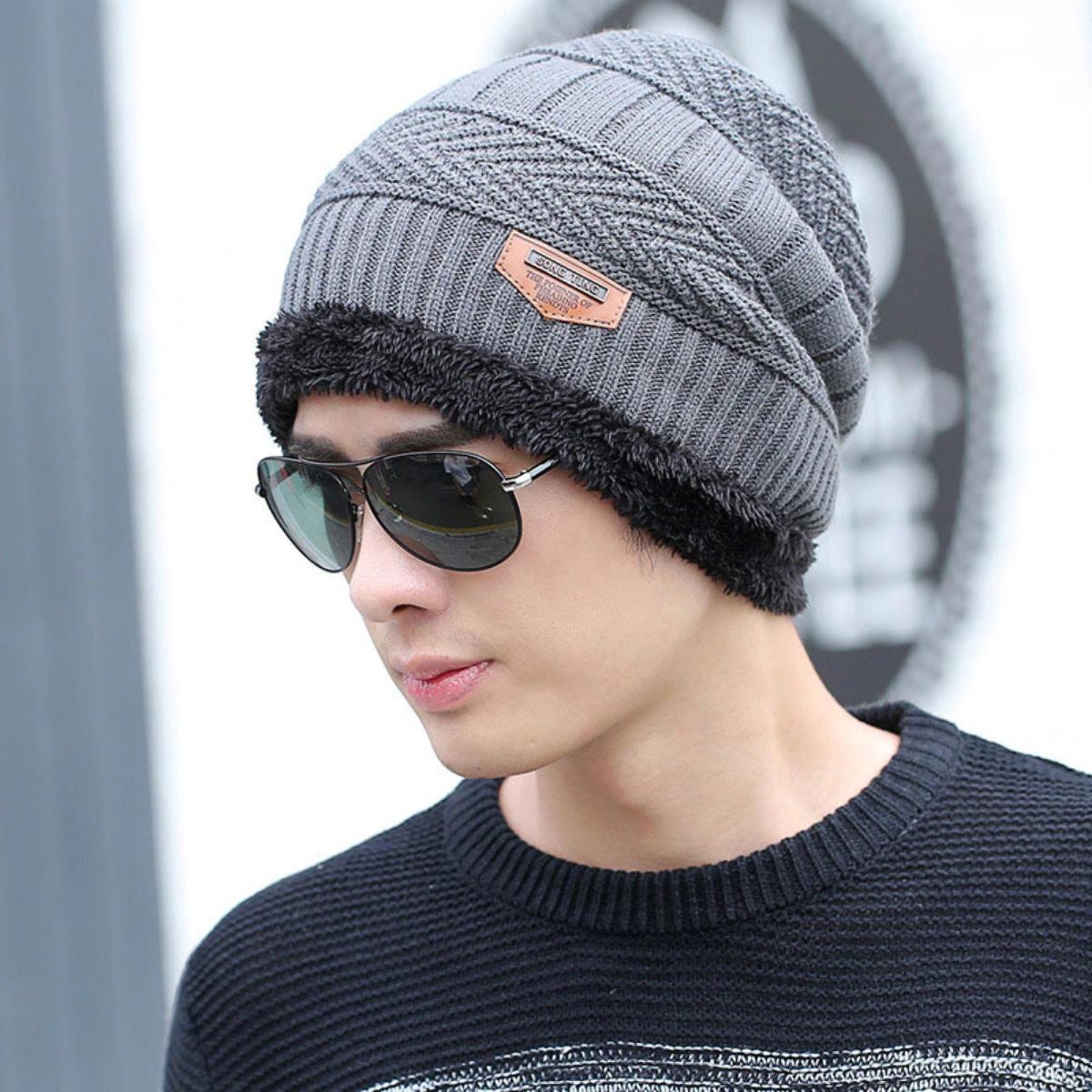 Miniatura Touca Masculina De Lã Forrada Para Frio Cinza