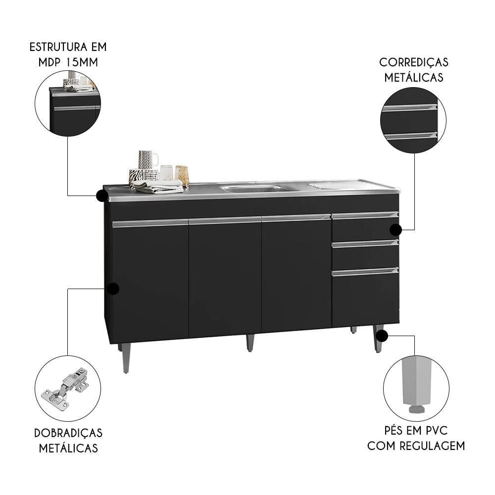 Miniatura Balcão De Cozinha Com Pia Inox 160cm 3 Gavetas Andréia Preto - Ajl Móveis