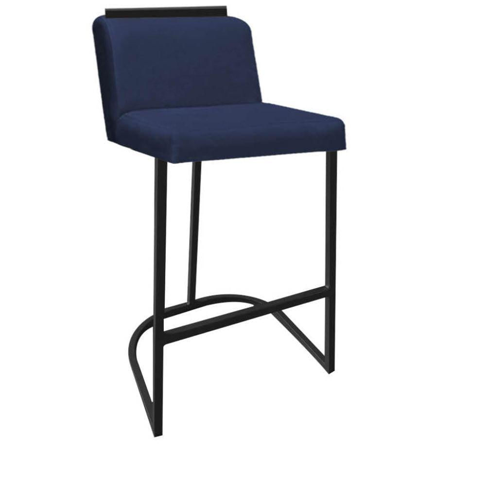 Miniatura Banqueta Com Encosto Nynna Luxo Confort Bistrô Cozinha Ferro Preto Corino Azul Marinho - Amey Decor