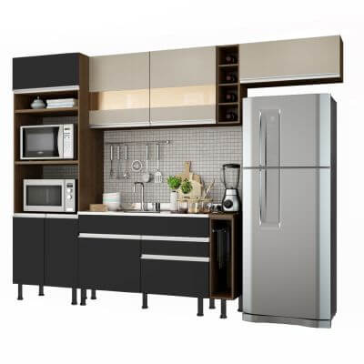 Miniatura Cozinha Completa Madesa Safira com Armário e Balcão (Sem Tampo,Pia e Rodapé) Rustic/Preto/Crema Cor:Rustic/Preto/Crema