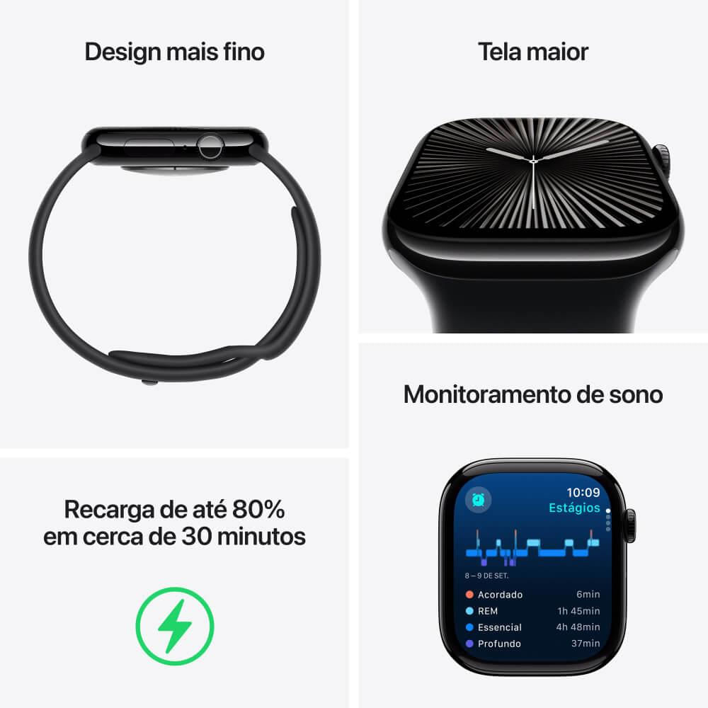 Apple Watch Series 10 GPS + Cellular • Caixa prateada de alumínio – 46 mm • Pulseira esportiva denim – P/M
