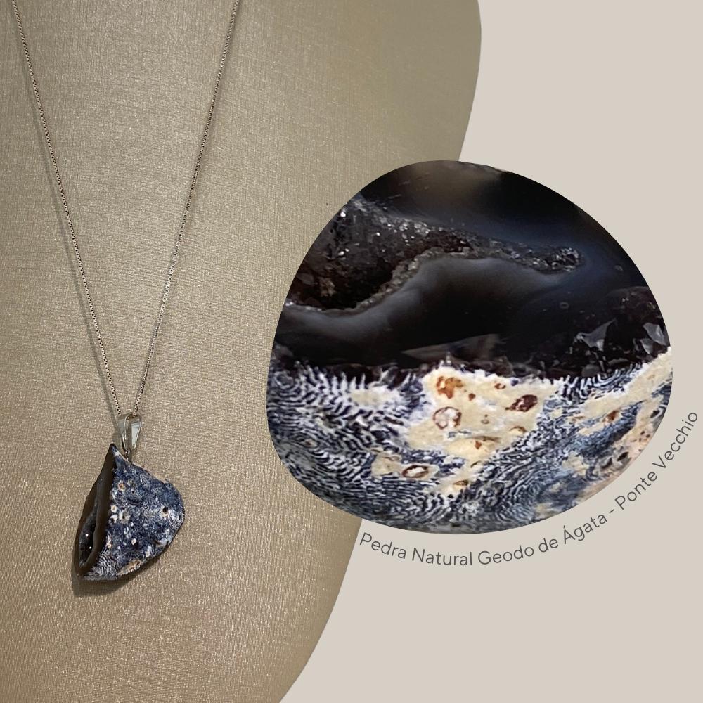 Miniatura Colar 60Cm Prata 925 Geodo De Ágata Bruto Natural P. Vecchio