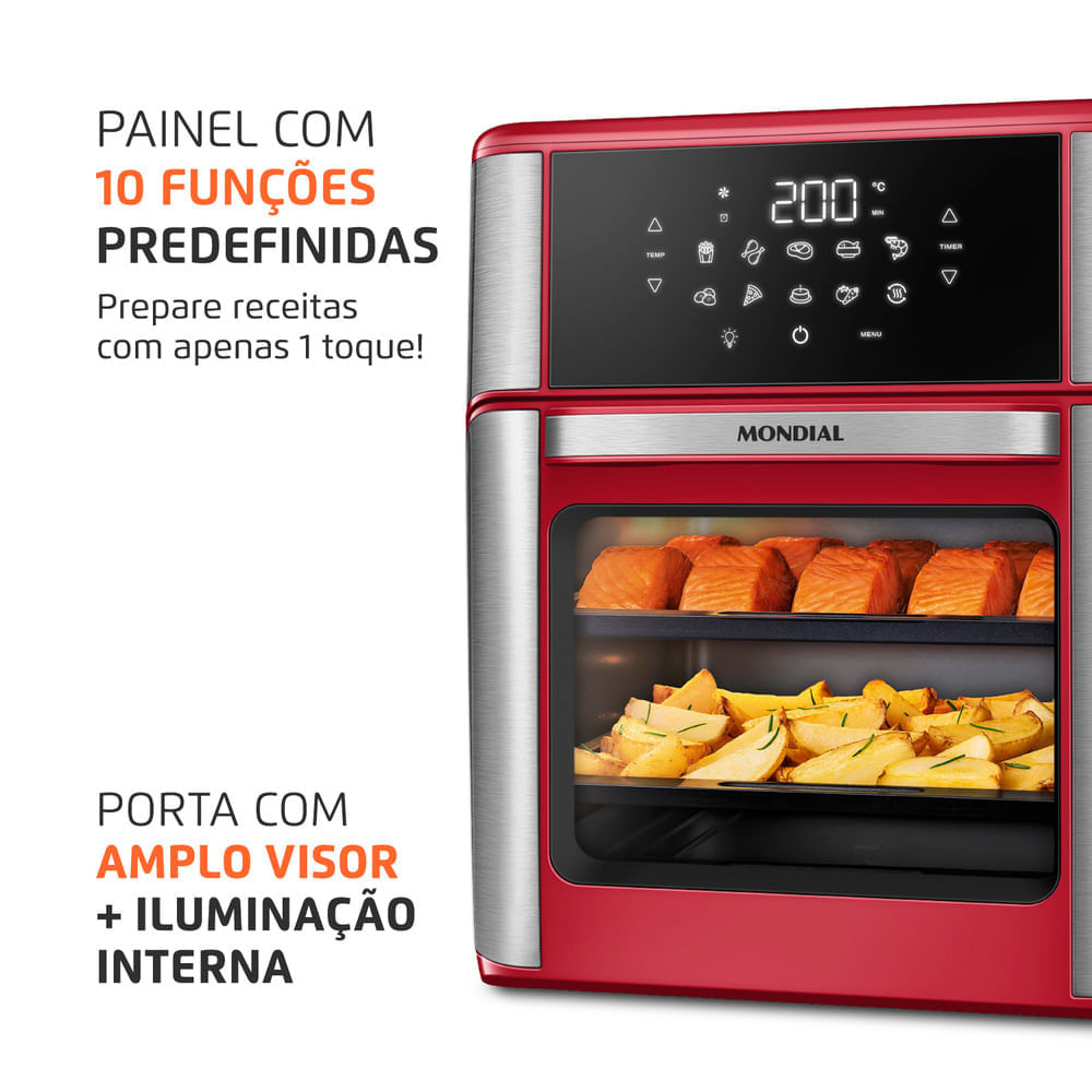 Fritadeira Air Fryer Forno Oven 12L Mondial Vermelho/Inox 2000W - AFON-12L-RI 127V
