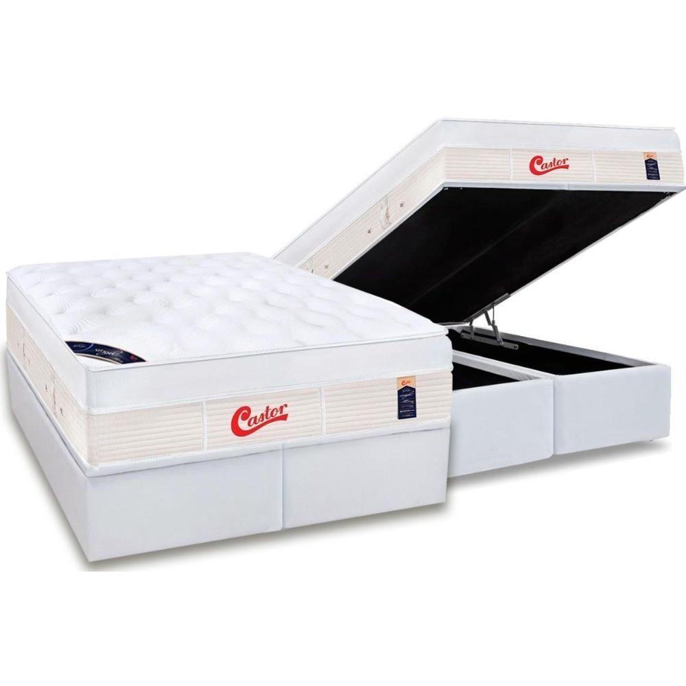 Miniatura Cama Box Baú Queen: Colchão Molas Castor Pocket Gold Star Vitagel Max + Base White(158X198)