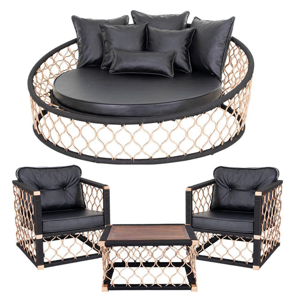 Miniatura 1 Chaise 6 Almofadas + 2 Poltronas + Mesa Madeira Alumínio