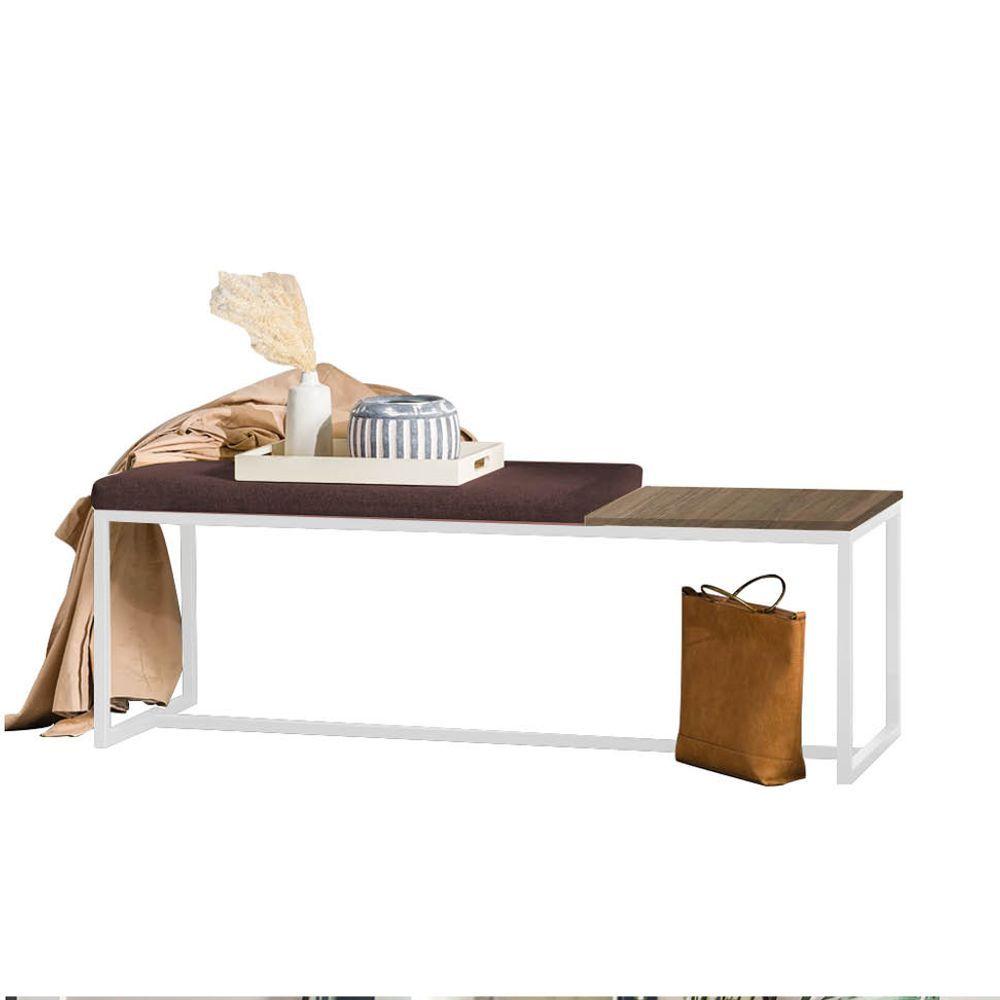 Miniatura Banco Recamier Puff 160cm Industrial Branco Suede Marrom Tampo Quadrado Mdf Imbuia