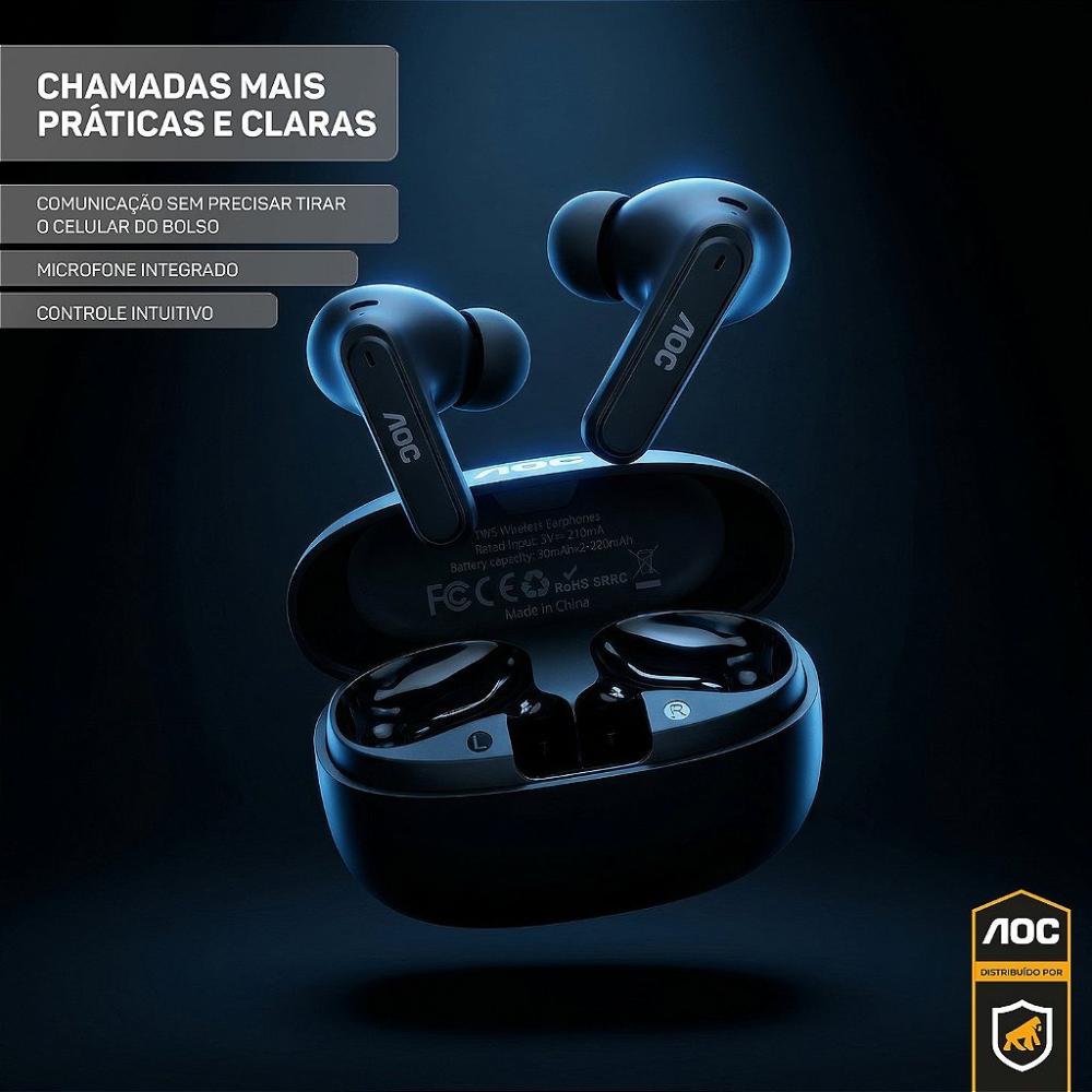 Miniatura Fone Bluetooth 5.3 Sem Fio Ergonômico, Alcance até 10m e Microfone Integrado - Preto - AOC