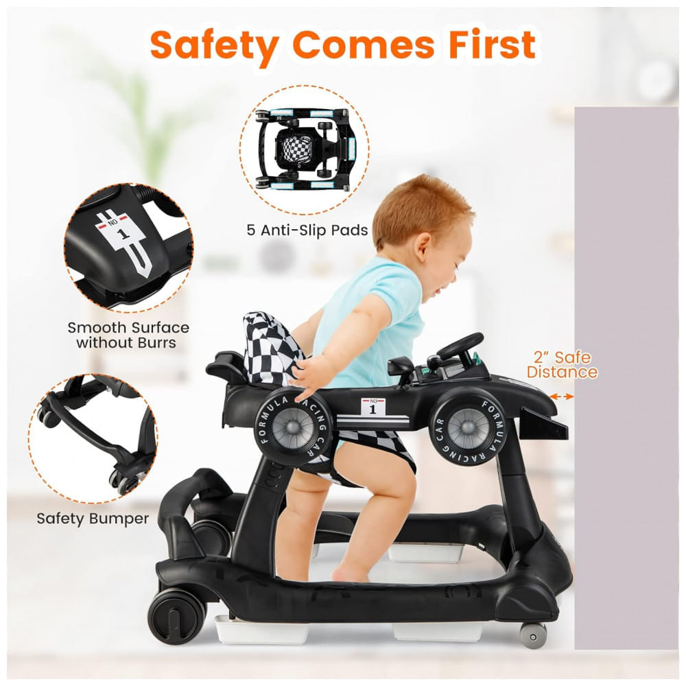 Andador Infantil Interativo 4 em 1 com Sons, Luzes e Atividades, HONEY JOY, Preto