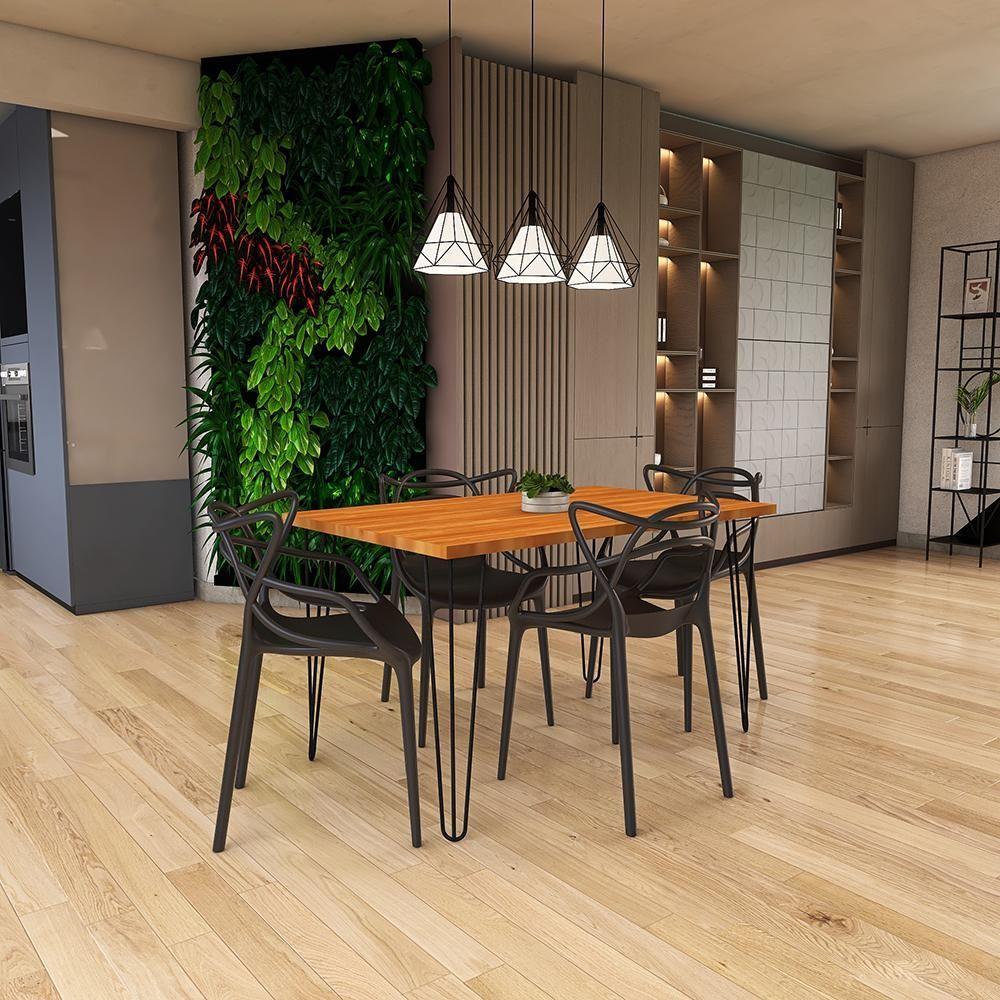 Conjunto Mesa De Jantar Retangular Hairpin Natural 130x80cm Com 4 Cadeiras Allegra - Preto