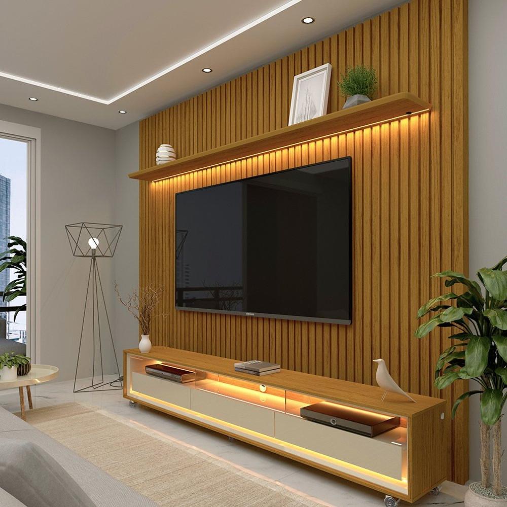 Miniatura Painel Ripado com Rack para TV até 75 Polegadas LED 3 Gavetas 2 Prateleiras com Rodízios 230cm Gelius Móveis Naturale