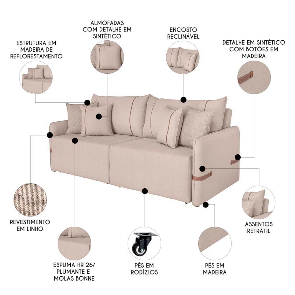 Sofá Cama Retrátil 200cm Essence D05 Linho Bege/camel - Mpozenato