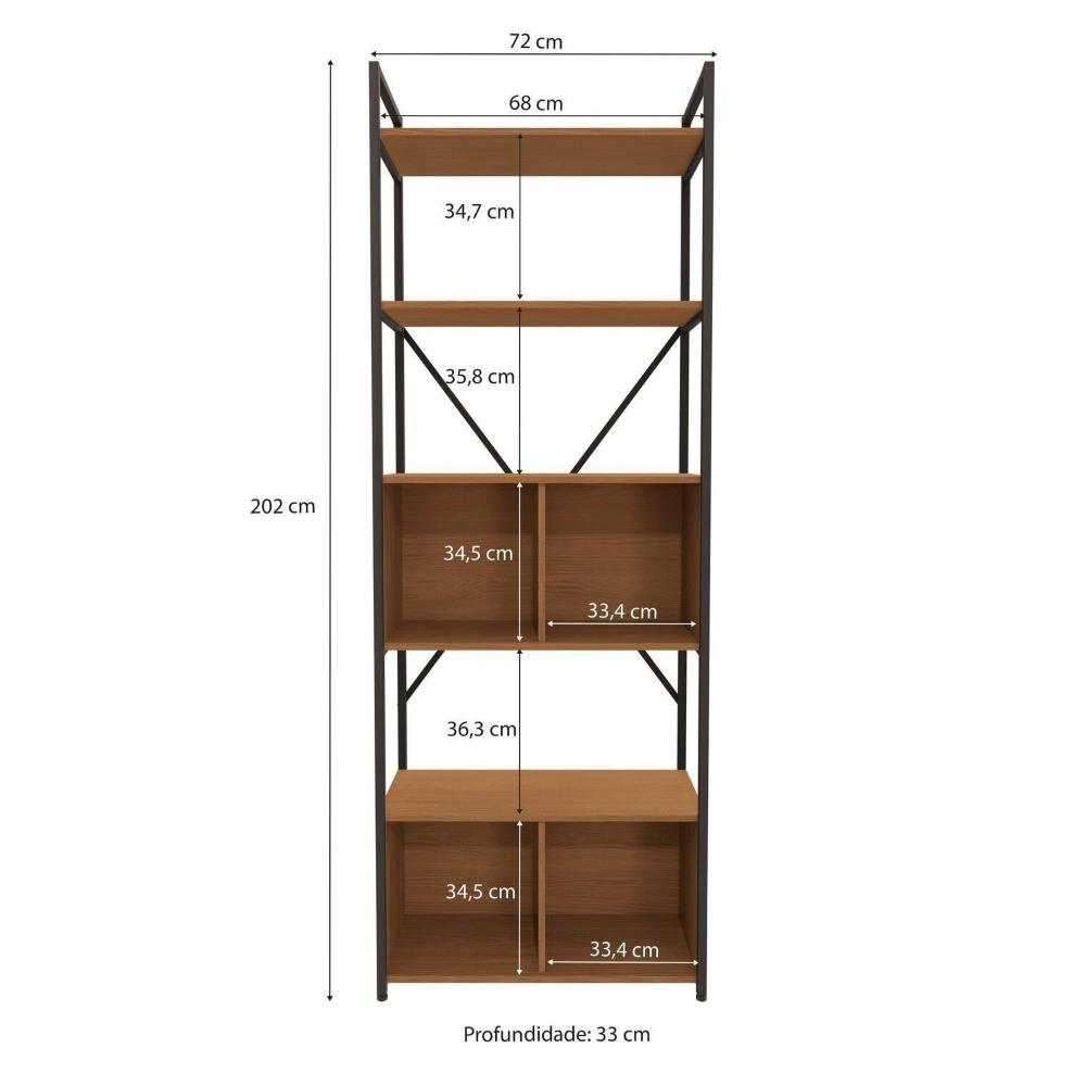 Miniatura Estante Alta para Livros com 4 Portas Industrial Canela/Preto Fosco