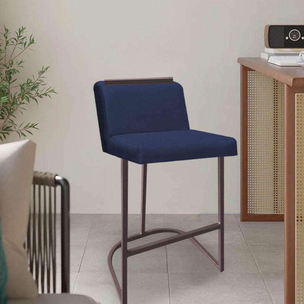 Miniatura Banqueta Com Encosto Ninna Bistrô Cozinha Ferro Marrom Sintético Azul Marinho - Ahazzo Móveis