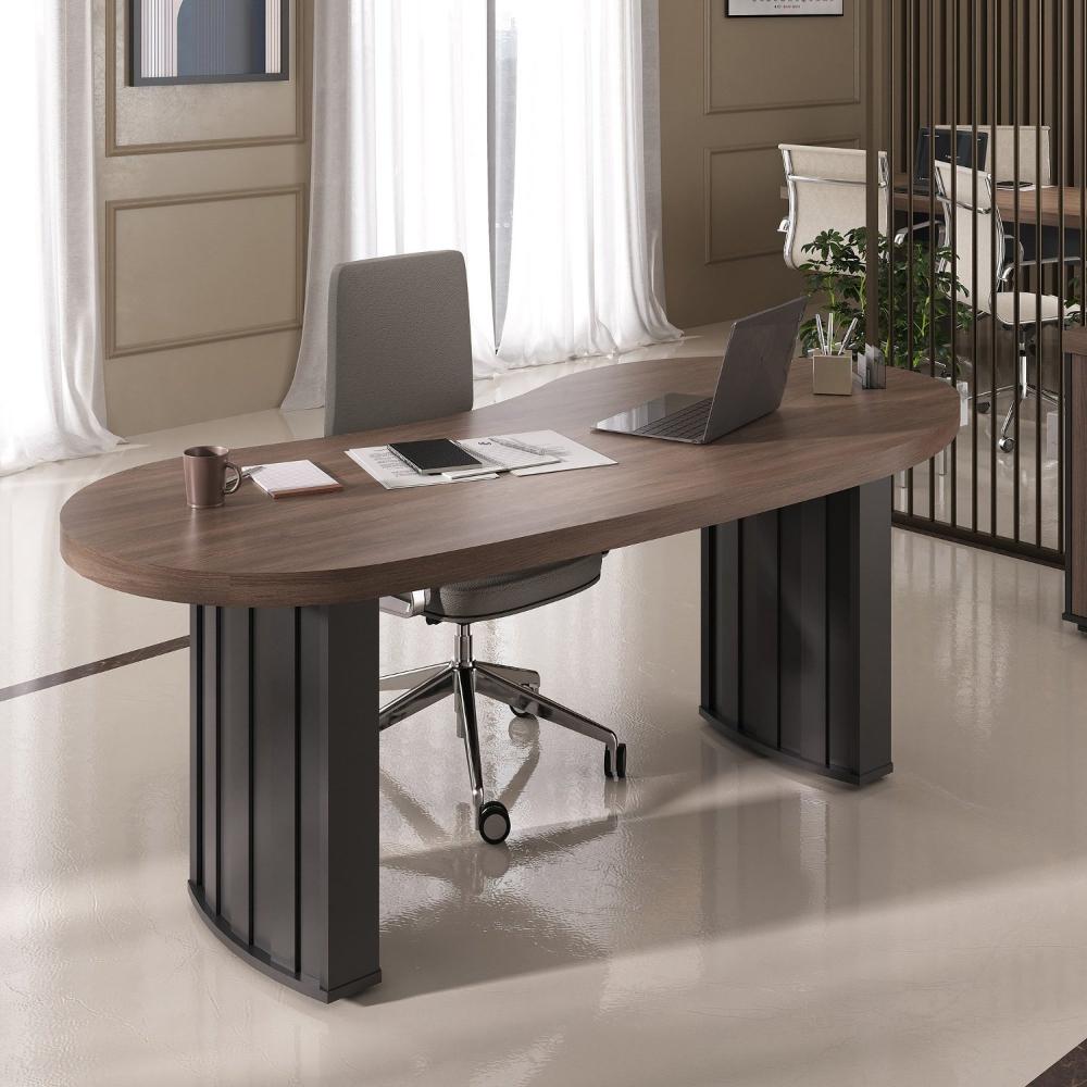 Miniatura Mesa Para Escritório com Curvas Orgânicas, Pés Ripados e Tampo Tamburato Diretor 2 Metros Artany Charuto/Preto