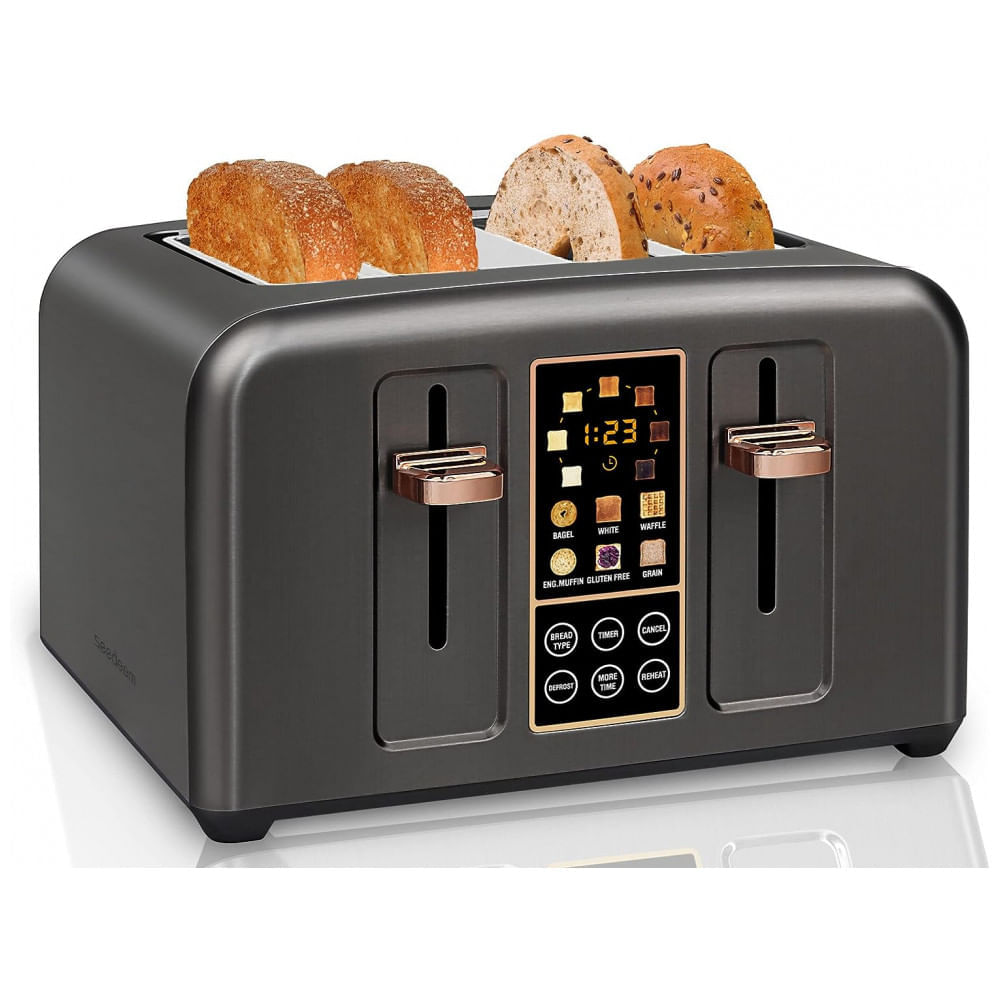 Miniatura Torradeira Elétrica de 4 Fatias com Display LCD Digital, 6 Níveis de Tostagem, 110V 1800W, SEEDEEM, Cinza