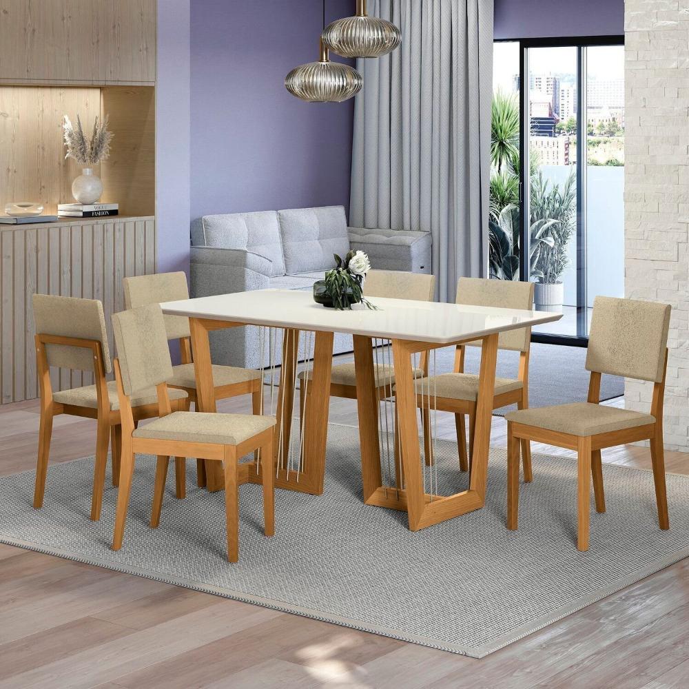 Miniatura Conjunto Mesa Clara com 6 Cadeiras em Madeira Maciça Bege