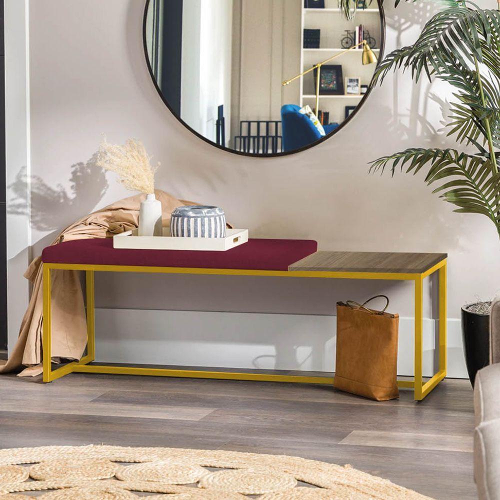 Miniatura Banco Recamier Puff 195cm Industrial Dourado Suede Bordô Tampo Quadrado Mdf Carvalho