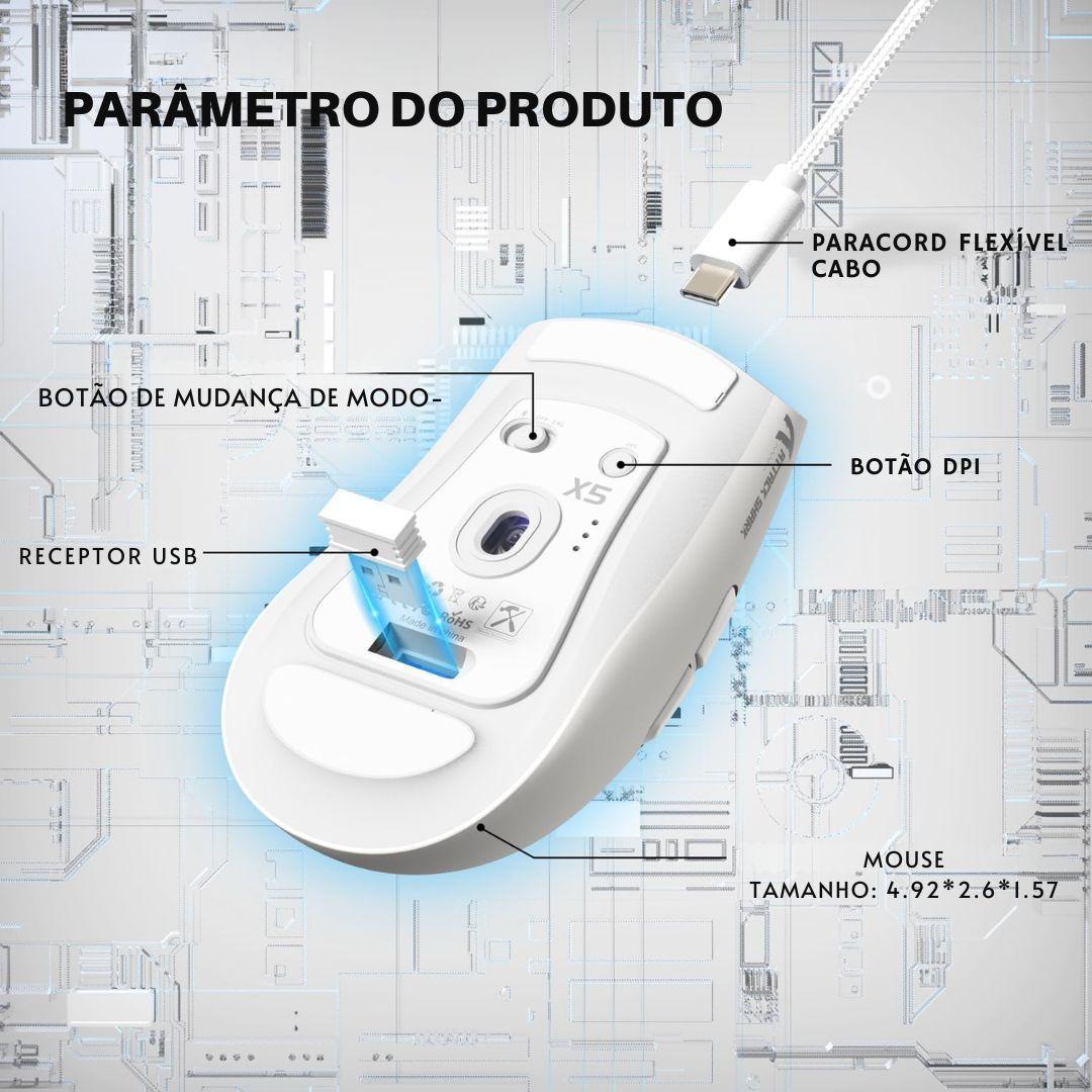 Miniatura Mouse Gamer Sem Fio Attack Shark X5 Rgb, 3 Modos, Branco