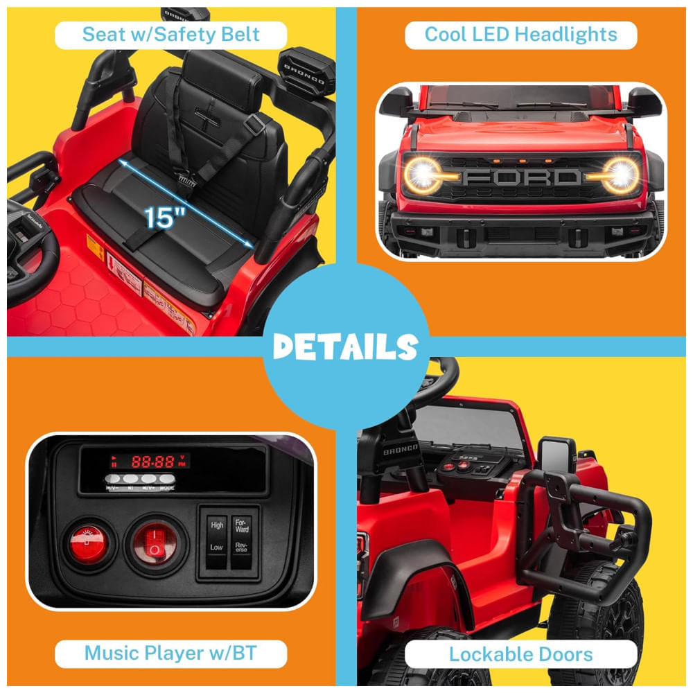 Miniatura Carro Elétrico Infantil 12V, Ford Bronco Raptor com Controle Remoto para Pais, Suspensão nas 4 Rodas, Música via Bluetooth e Luzes LED, Seizeen, 110v