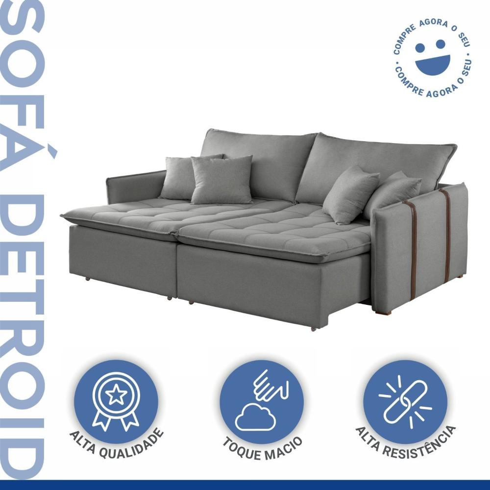 Sofa Cama Retratil e Reclinavel 220cm Detroid Yescasa Linho/Cinza