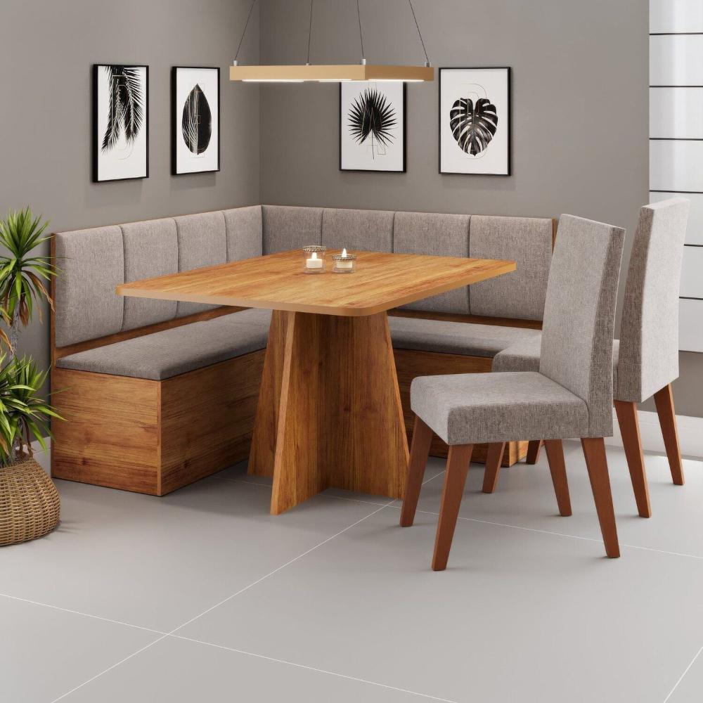 Miniatura Conjunto Canto Alemão com Baú Mesa 120x77,5cm Tampo sem Vidro com 2 Cadeiras Milão Mel/Kaki