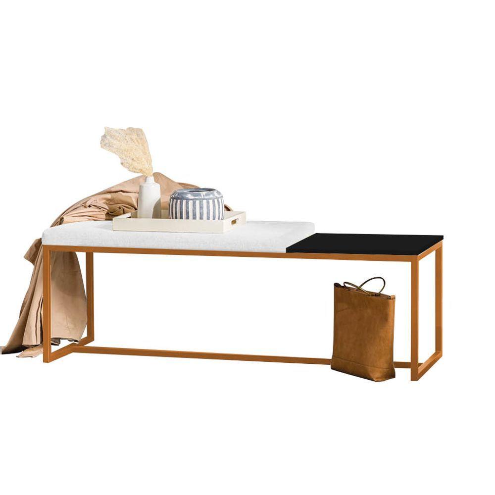 Miniatura Banco Recamier Puff 160cm Industrial Bronze Corino Branco Tampo Quadrado Preto