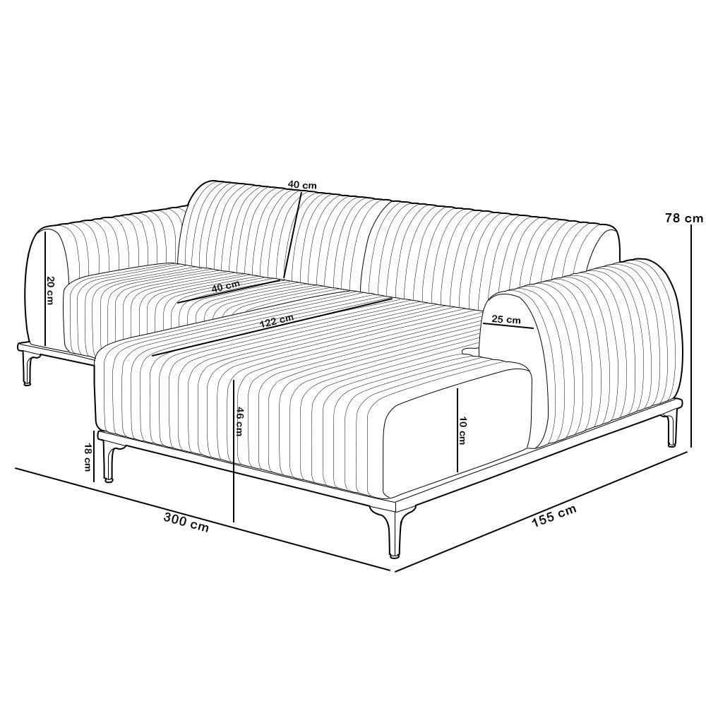 Sofá 5 Lugares Chaise Direito Sala Molino 300cm D02 Pés D\'ouro Couríssimo Whisky B-90