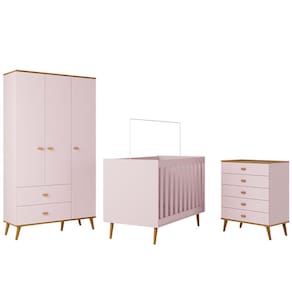 Miniatura Guarda-Roupa Bartira Ternura com 3 Portas, 2 Gavetas + Cômoda Ternura com 5 Gavetas + Berço Mini Cama Móveis Estrela Ternura - Rosa Wood Rosa Wood
