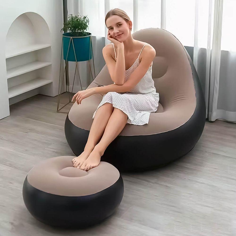 Sofá Poltrona Inflável Com Puff E Bomba De Enchimento Marrom