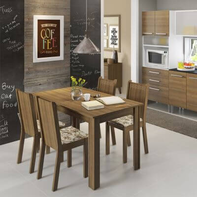 Miniatura Conjunto Sala de Jantar Rosie Madesa Mesa Tampo de Madeira com 4 Cadeiras Rustic/Floral Lírio Bege Cor:Rustic/Floral Lírio Bege