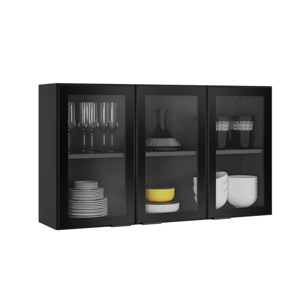 Cozinha Modulada em Aço 7 Peças com Paneleiro Forno e Cristaleira Rodapé em PVC Exclusive Grafite/Preto Matt