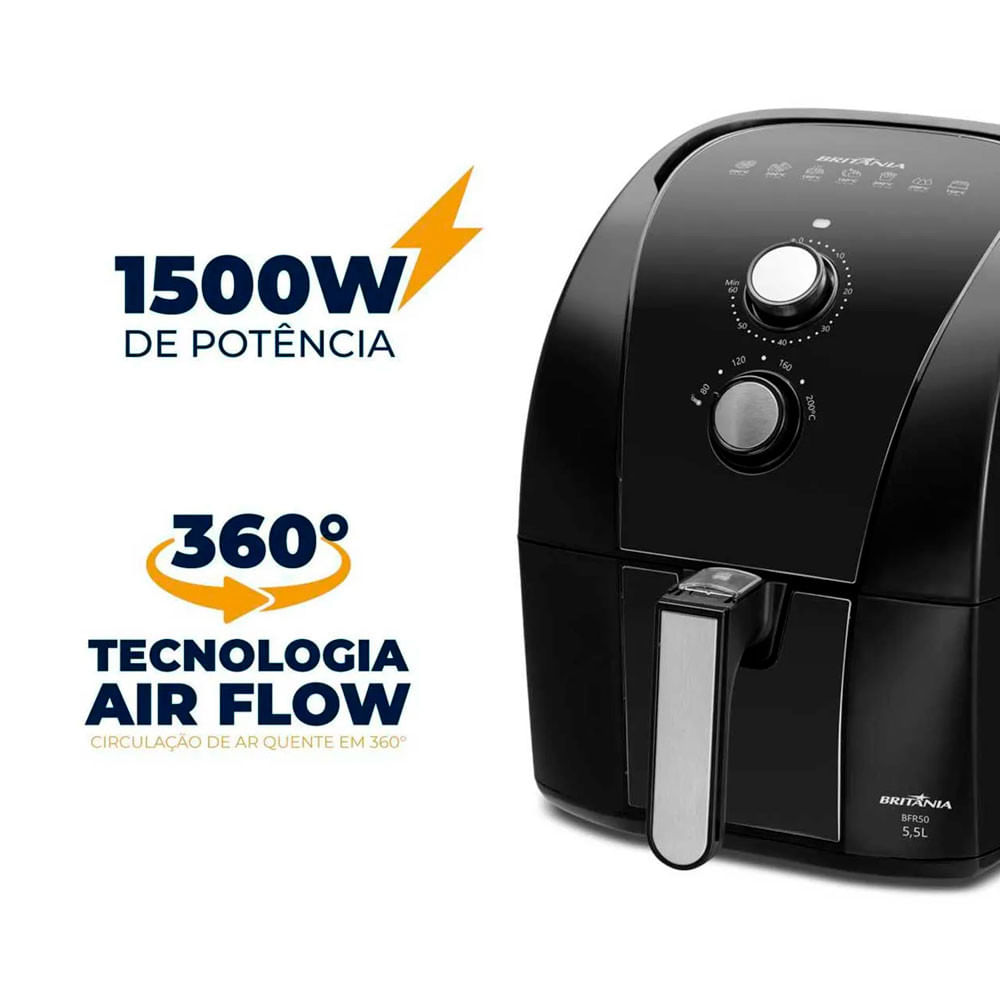 Fritadeira Elétrica Sem Óleo Air Fryer Britânia 5.5L 1500W BFR50 Redstone com Inox Preto - 110V